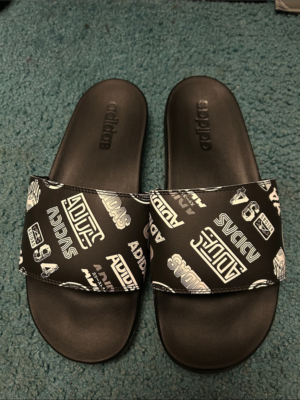 adidas Black Slides with White Graphic Strap